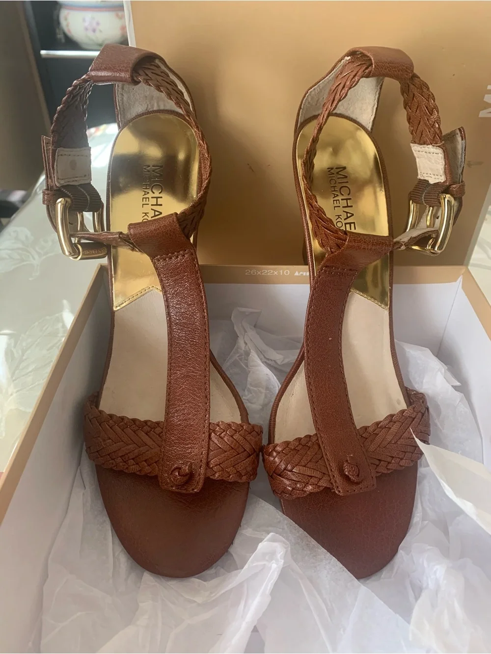 Michael Kors Brown Braided T-Strap Heeled Sandals with Gold Accents